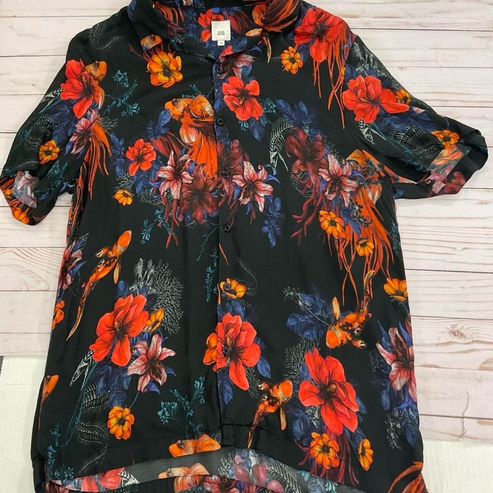 River Island Men’s Floral Black Button-Up Shirt
